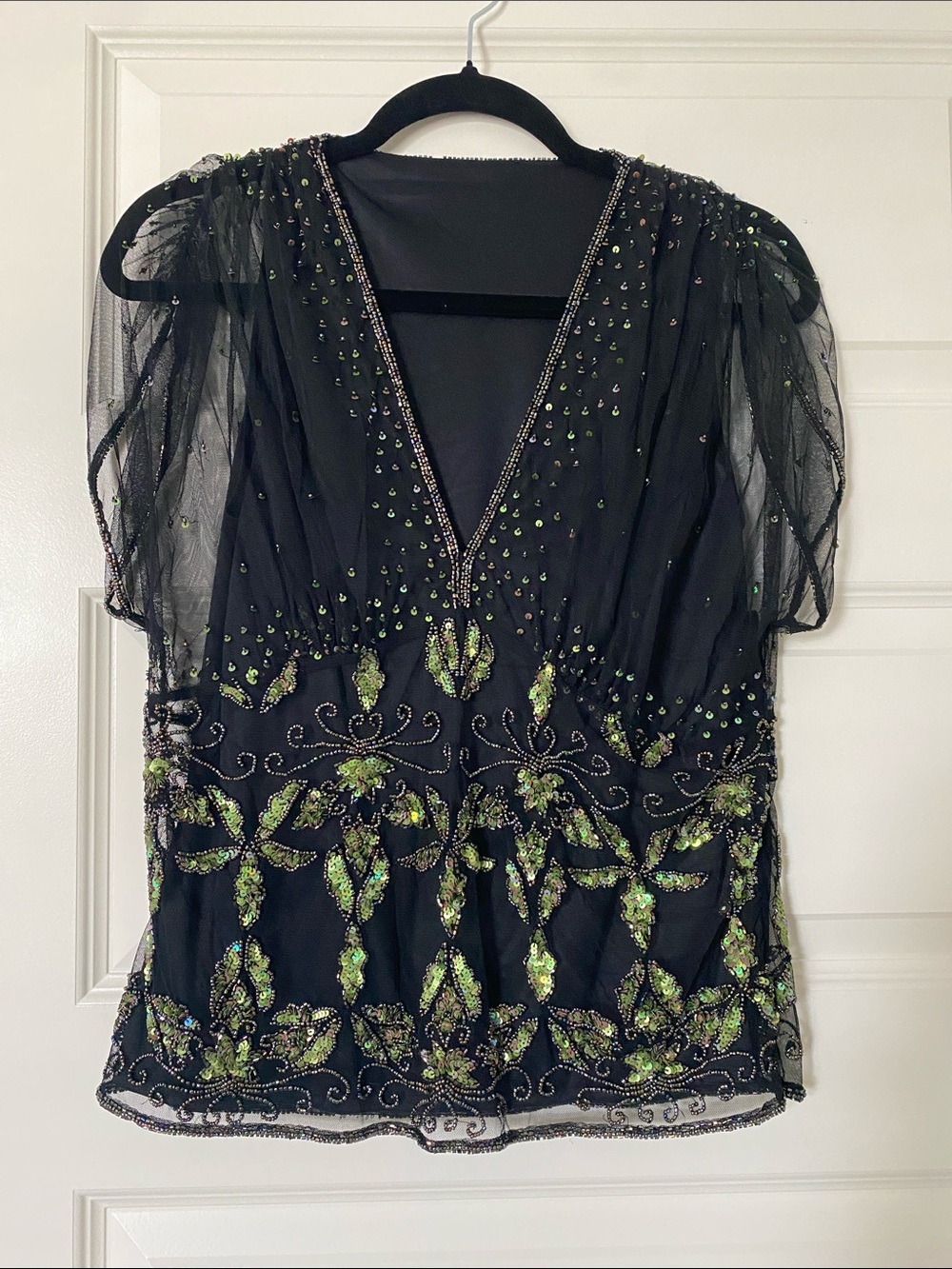Insane Vintage Fairy Black Top with Green Sequin Floral Embroidery
